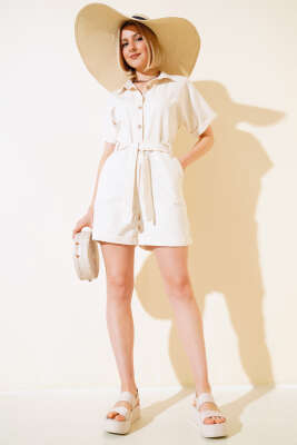 Şortlu Keten Tulum Bej - Kadın Giyim Modelleri