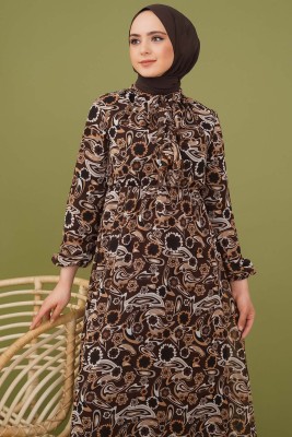 Soyut Desen Önü Fırfırlı Şifon Elbise Kahve - Thumbnail