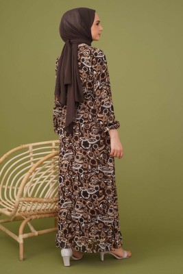 Soyut Desen Önü Fırfırlı Şifon Elbise Kahve - Thumbnail