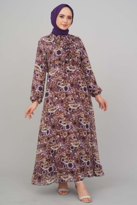 Soyut Desen Önü Fırfırlı Şifon Elbise Magenta - Thumbnail