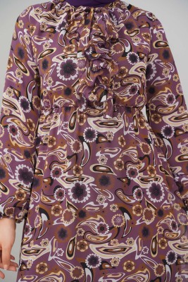 Soyut Desen Önü Fırfırlı Şifon Elbise Magenta - Thumbnail