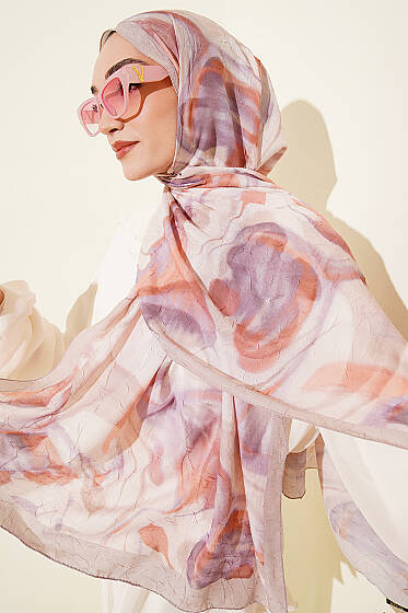 Soyut Yaprak Desen Bambu Kraş Şal Bej - Başörtüsü