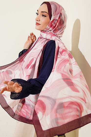 Soyut Yaprak Desen Bambu Kraş Şal Bordo - Başörtüsü