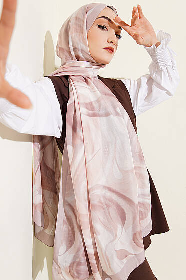 Soyut Yaprak Desen Bambu Kraş Şal Kum Bej - Başörtüsü