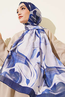 Soyut Yaprak Desen Bambu Kraş Şal Lacivert 