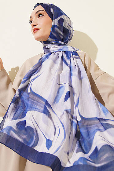 Soyut Yaprak Desen Bambu Kraş Şal Lacivert - Başörtüsü