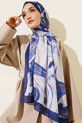 Soyut Yaprak Desen Bambu Kraş Şal Lacivert - Başörtüsü