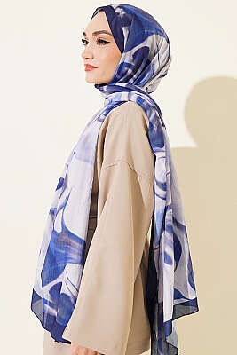 Soyut Yaprak Desen Bambu Kraş Şal Lacivert - Başörtüsü