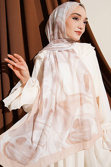 Soyut Yaprak Desen Bambu Kraş Şal Latte - Başörtüsü