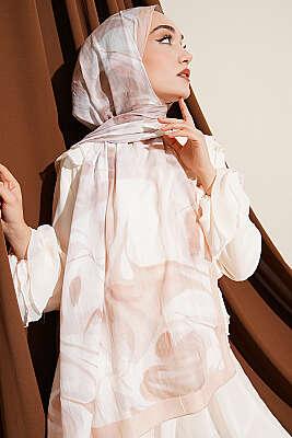 Soyut Yaprak Desen Bambu Kraş Şal Latte - Başörtüsü