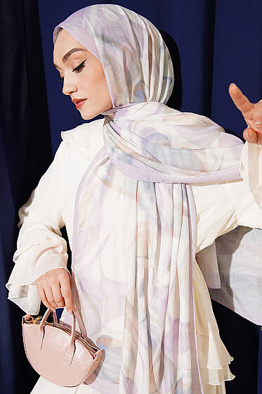 Soyut Yaprak Desen Bambu Kraş Şal Lila - Başörtüsü