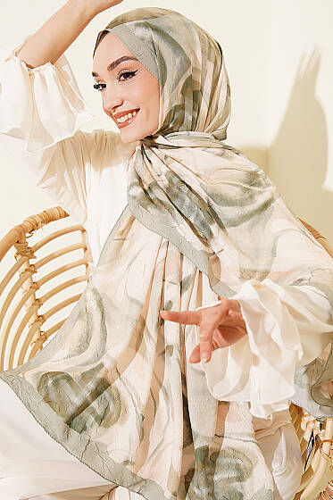 Soyut Yaprak Desen Bambu Kraş Şal Su Yeşili - Başörtüsü