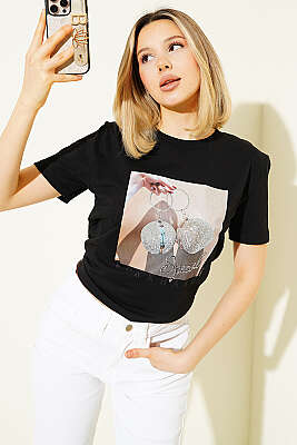 Special Mini Taş Baskılı T-shirt Siyah - DESTİNA