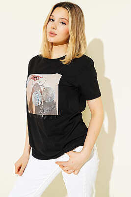 Special Mini Taş Baskılı T-shirt Siyah - Kadın Giyim Modelleri