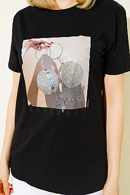 Special Mini Taş Baskılı T-shirt Siyah - Kadın Giyim Modelleri