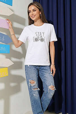 Stay Cool Baskılı T-shirt Ekru - Kadın Giyim Modelleri