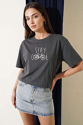 Stay Cool Baskılı T-shirt Füme - DESFİTA