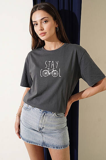 Stay Cool Baskılı T-shirt Füme - Kadın Giyim Modelleri