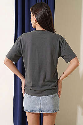 Stay Cool Baskılı T-shirt Füme - Kadın Giyim Modelleri