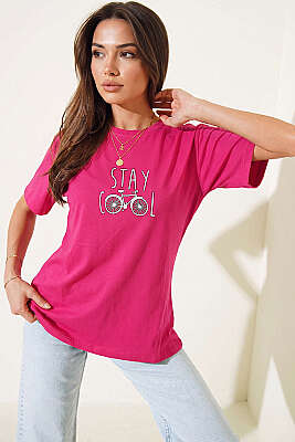 Stay Cool Baskılı T-shirt Fuşya - DESFİTA