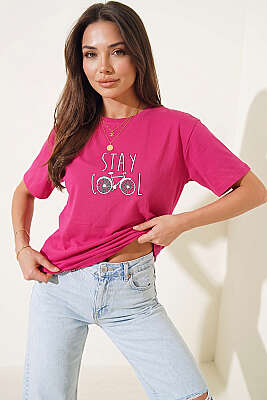 Stay Cool Baskılı T-shirt Fuşya - Kadın Giyim Modelleri