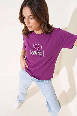 Stay Cool Baskılı T-shirt Mor 