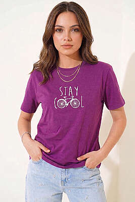 Stay Cool Baskılı T-shirt Mor - Kadın Giyim Modelleri