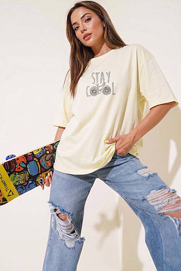 Stay Cool Baskılı T-shirt Sarı - Kadın Giyim Modelleri