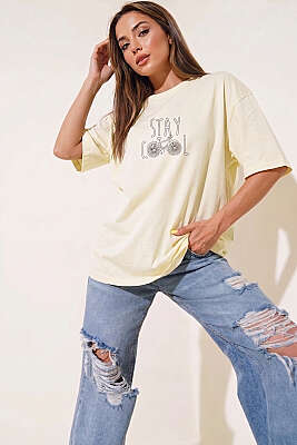 Stay Cool Baskılı T-shirt Sarı - Kadın Giyim Modelleri