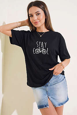 Stay Cool Baskılı T-shirt Siyah - DESFİTA