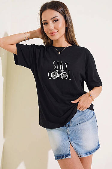 Stay Cool Baskılı T-shirt Siyah - Kadın Giyim Modelleri