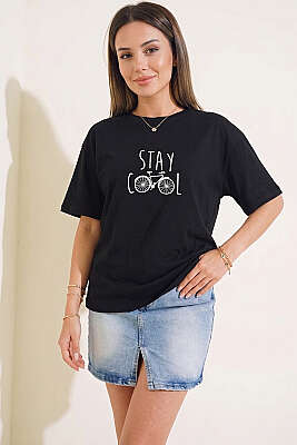 Stay Cool Baskılı T-shirt Siyah - Kadın Giyim Modelleri