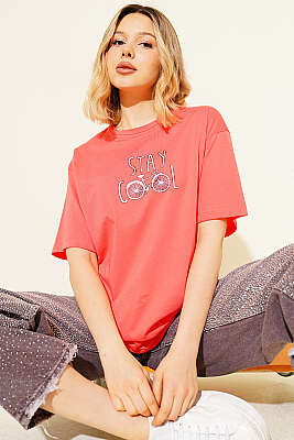 Stay Cool Baskılı T-shirt Somon - Kadın Giyim Modelleri