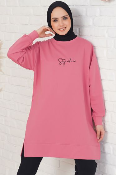 Stay With Me Baskılı Gül Kurusu Tunik - Tunik