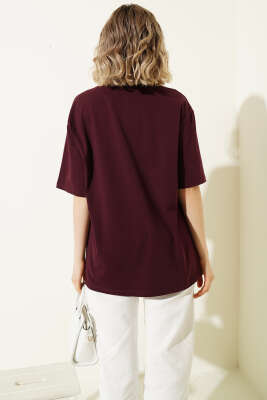 Stockholm Yazılı T-shirt Bordo - Kadın Giyim Modelleri