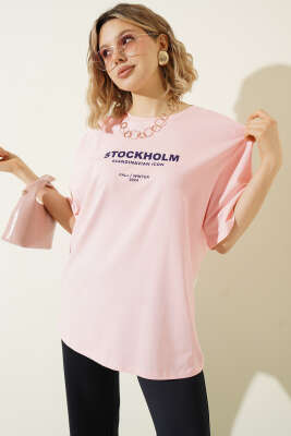 Stockholm Yazılı T-shirt Pudra - Kadın Giyim Modelleri