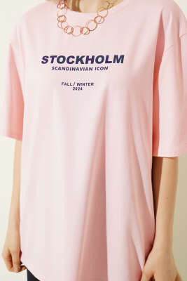 Stockholm Yazılı T-shirt Pudra - Yılın Fırsatı