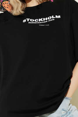 Stockholm Yazılı T-shirt Siyah - Kadın Giyim Modelleri