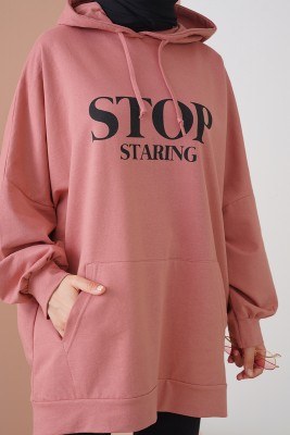 Stop Staring Yazılı Gül Kurusu Sweatshirt - Thumbnail