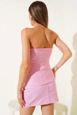 Straplez Düğme Detaylı Kaşkorse Bluz Pembe - Kadın Giyim Modelleri