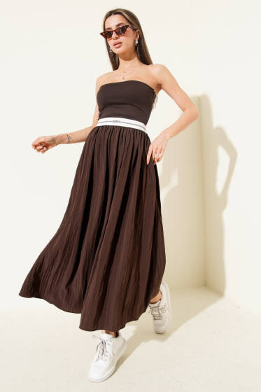 Straplez Garni Detaylı Midi Elbise Kahve - Kadın Giyim Modelleri