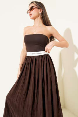 Straplez Garni Detaylı Midi Elbise Kahve - Kadın Giyim Modelleri