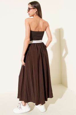 Straplez Garni Detaylı Midi Elbise Kahve - Kadın Giyim Modelleri