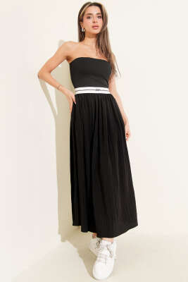 Straplez Garni Detaylı Midi Elbise Siyah 