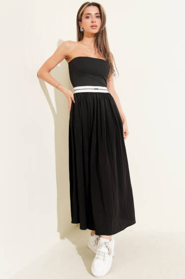 Straplez Garni Detaylı Midi Elbise Siyah - Kadın Giyim Modelleri