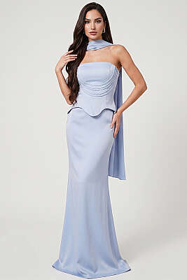 Straplez Önü Taşlı Abiye Elbise Bebe Mavi - DANS LİFE