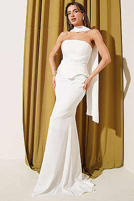 Straplez Önü Taşlı Abiye Elbise Ekru - DANS LİFE