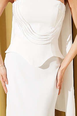 Straplez Önü Taşlı Abiye Elbise Ekru - Kadın Giyim Modelleri