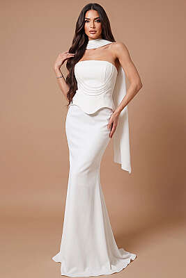 Straplez Önü Taşlı Abiye Elbise Ekru - DANS LİFE