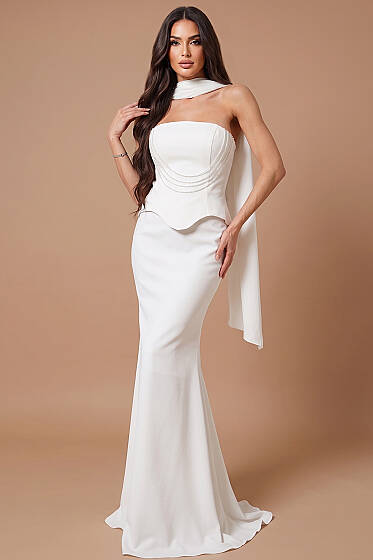 Straplez Önü Taşlı Abiye Elbise Ekru - Kadın Giyim Modelleri